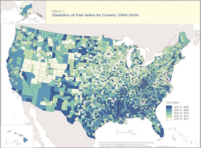 Map of U.S. with Quintiles of Gini Index by County for 2006-2010